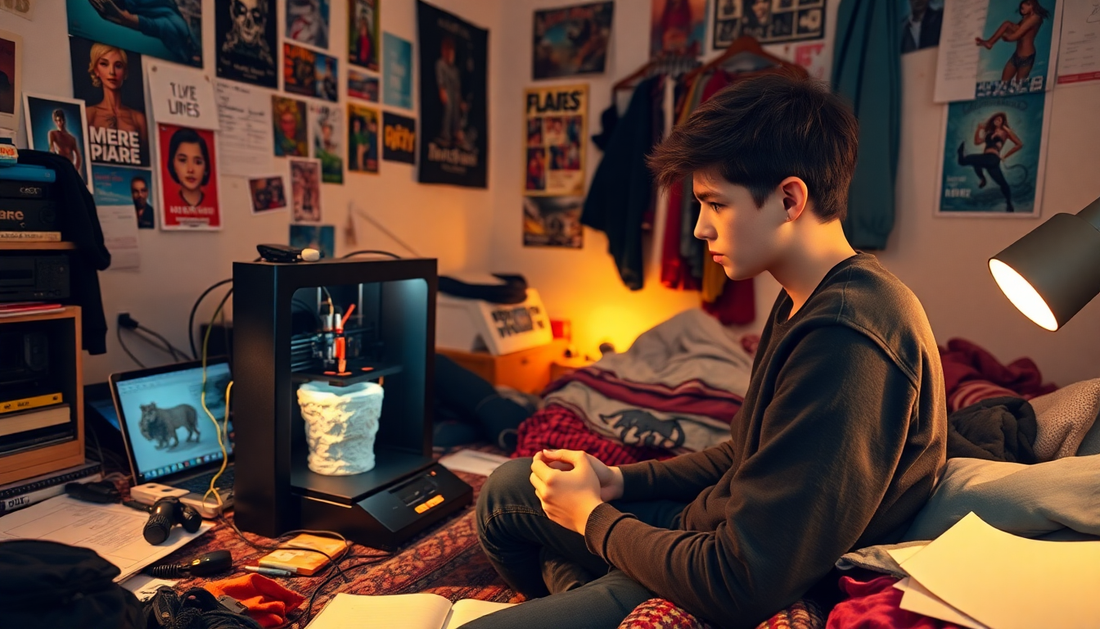 3D Printing for the Home, Teenager in his room focusing on a 3d printer