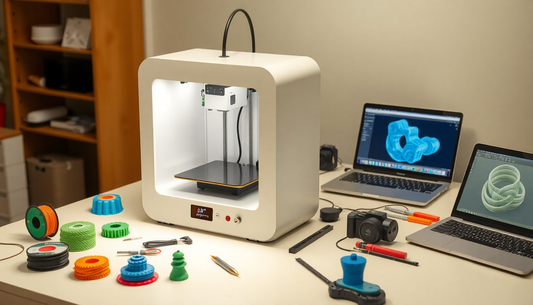 3D Printing Adventure. 3d printer sitting on a desk with some 3d printed items in front of it