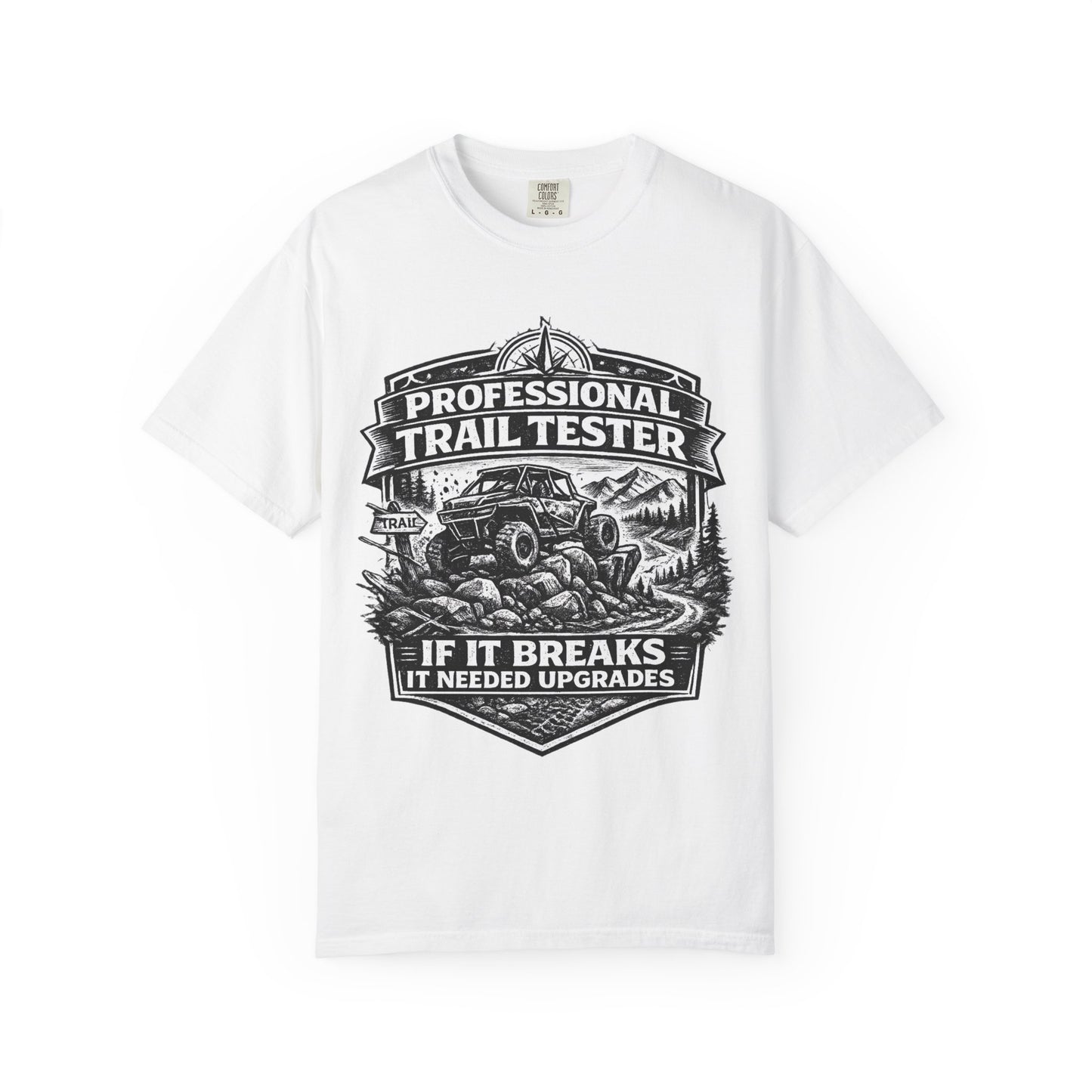 White t-shirt with black graphic design featuring an off-road vehicle and text on a white background