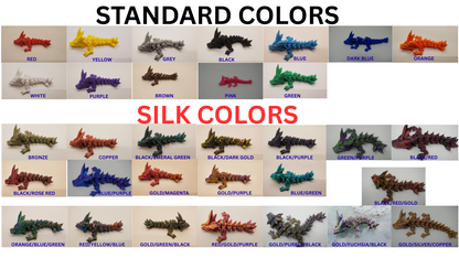 Color chart displaying standard and silk colors with corresponding dragon models.