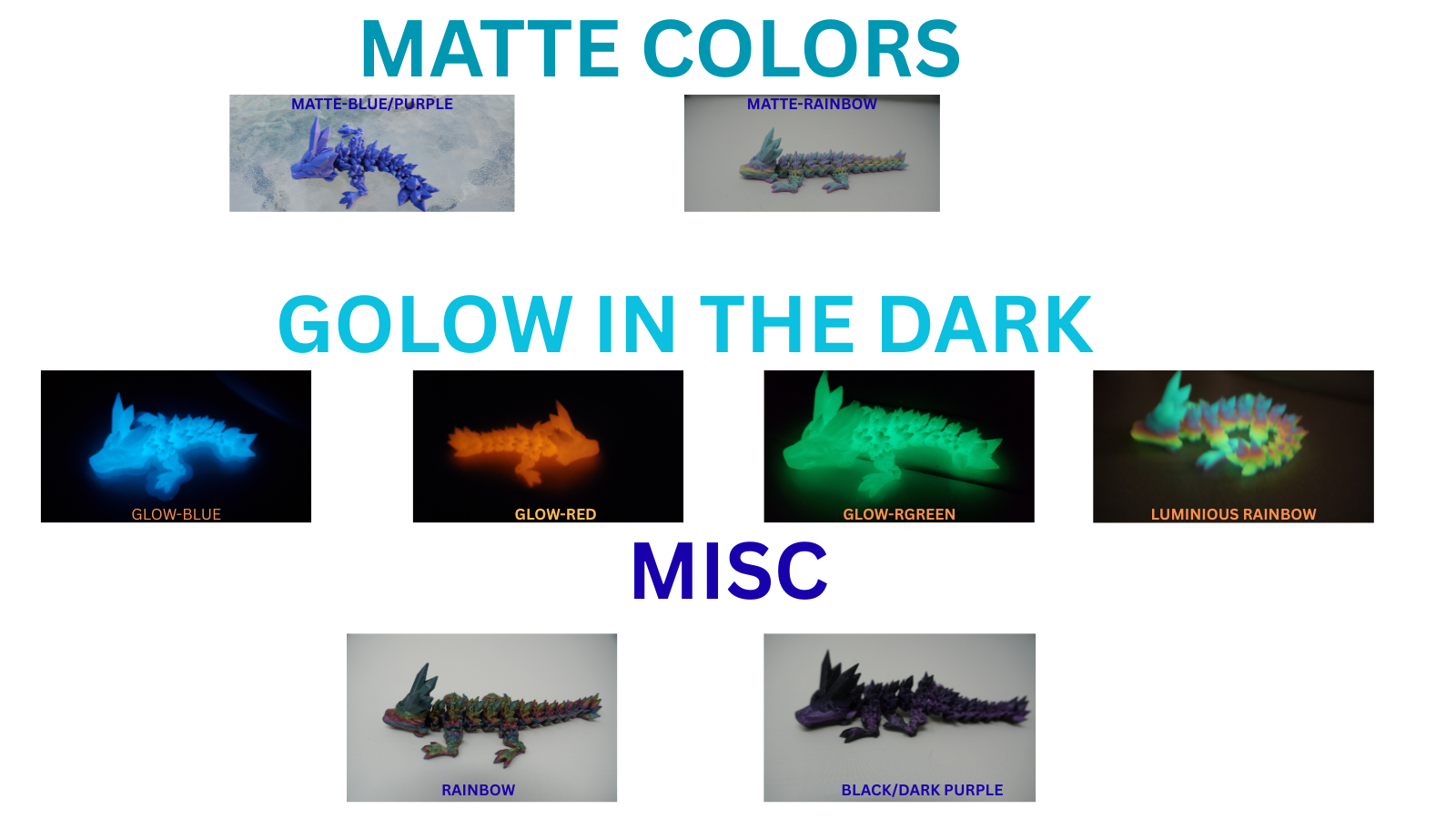 Display of glow-in-the-dark products with various colors on a white background.