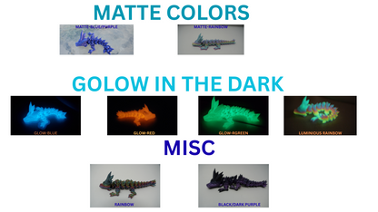 Display of glow-in-the-dark products with various colors on a white background.