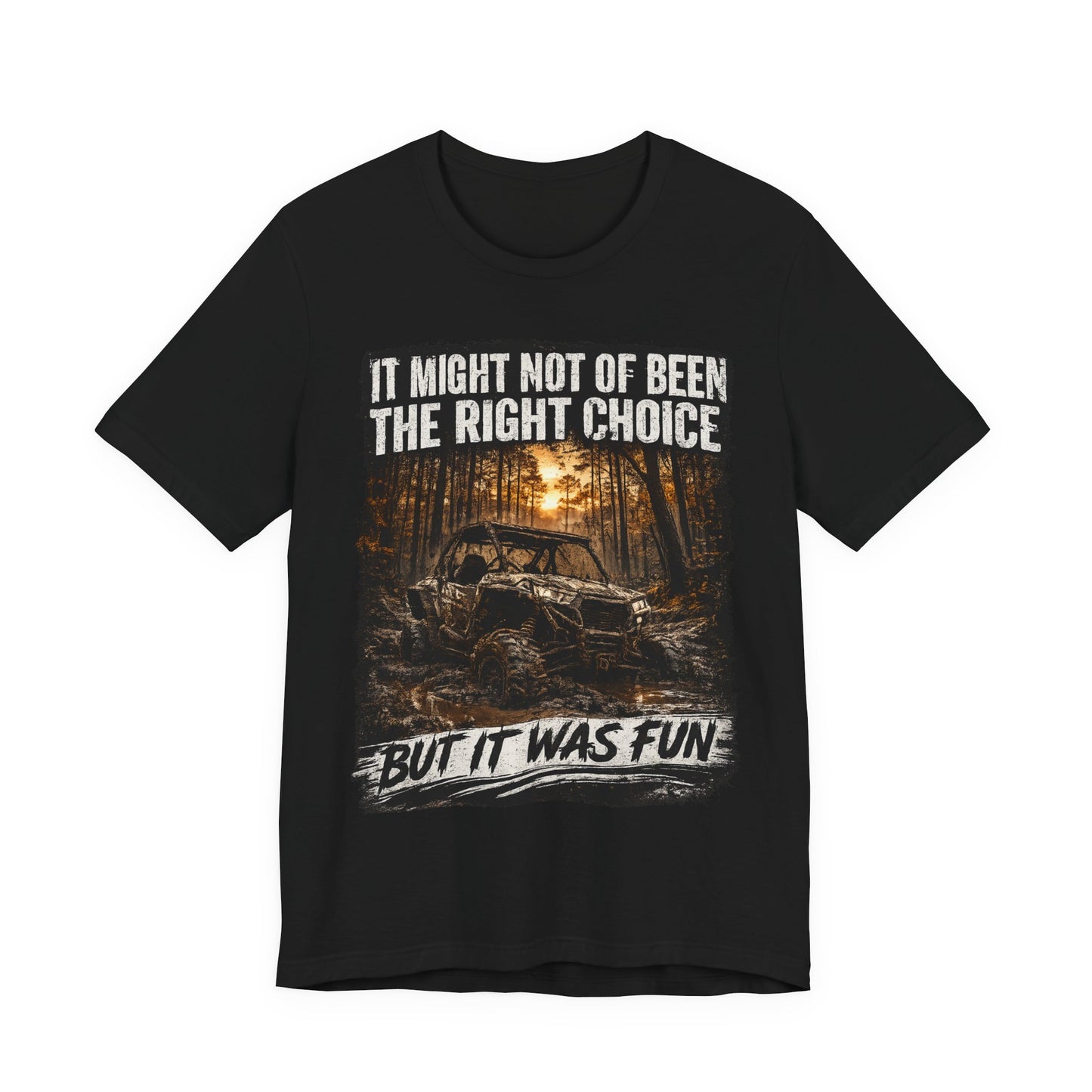 Black t-shirt with graphic design and text in a forest setting