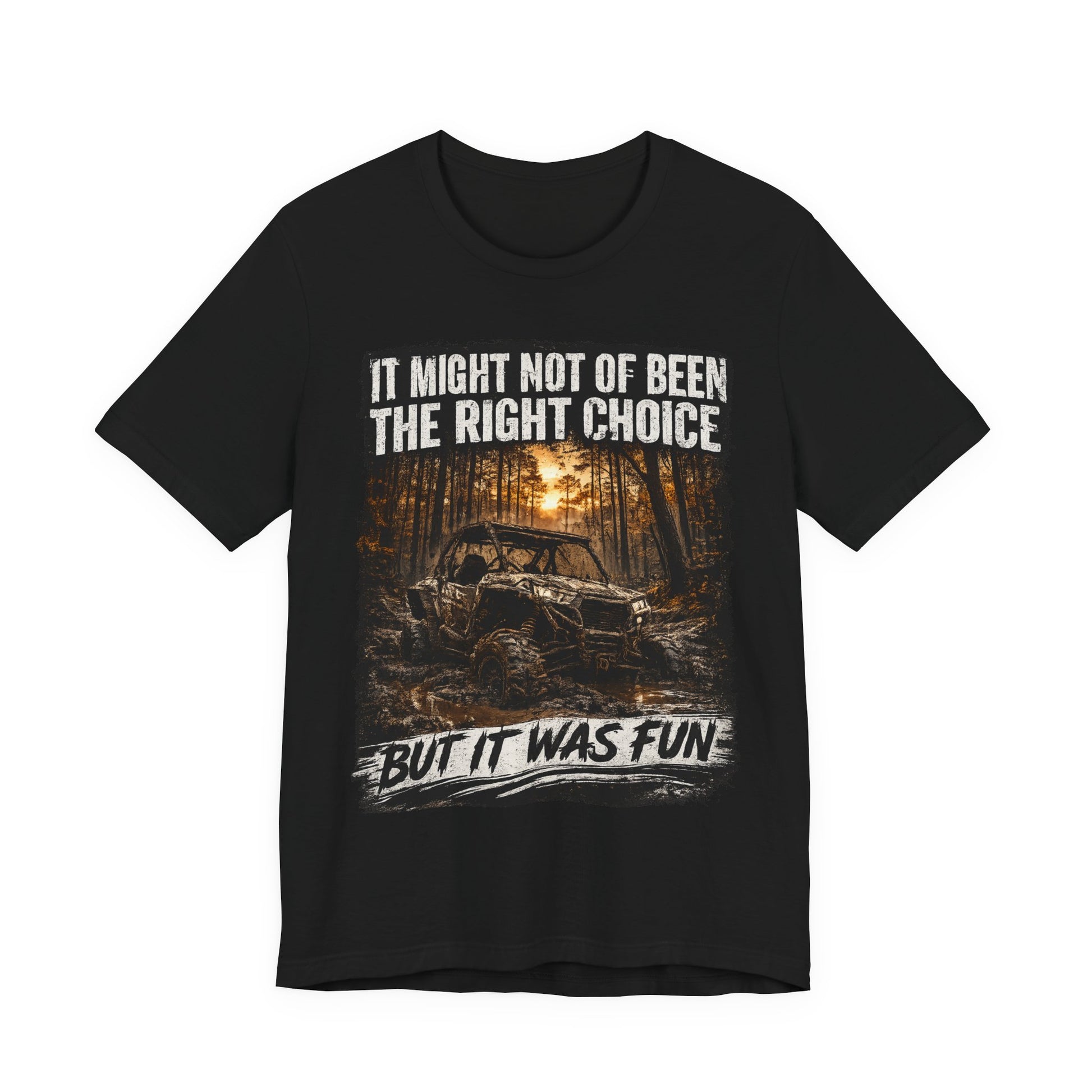 Black t-shirt with graphic design and text in a forest setting