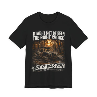 Black t-shirt with graphic design and text in a forest setting