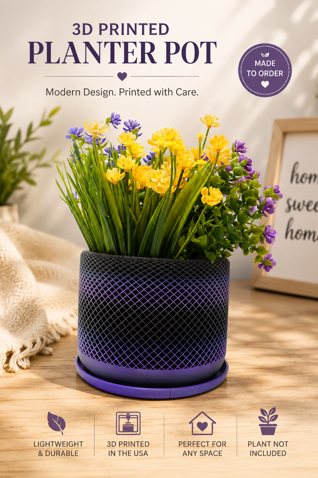 3D printed planter pot with flowers on a wooden surface, featuring text about the product.