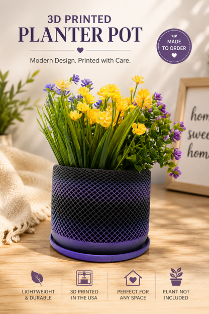 3D printed planter pot with flowers on a wooden surface, featuring text about the product.