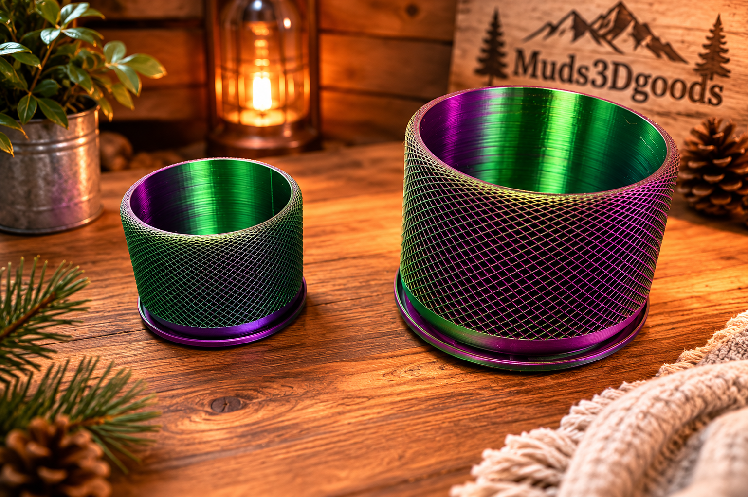 Two metallic mesh containers on a wooden surface with 'Muds3Dgoods' branding in the background.