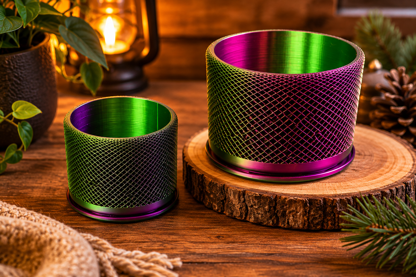 Two metallic containers with green and purple mesh patterns on a wooden surface.