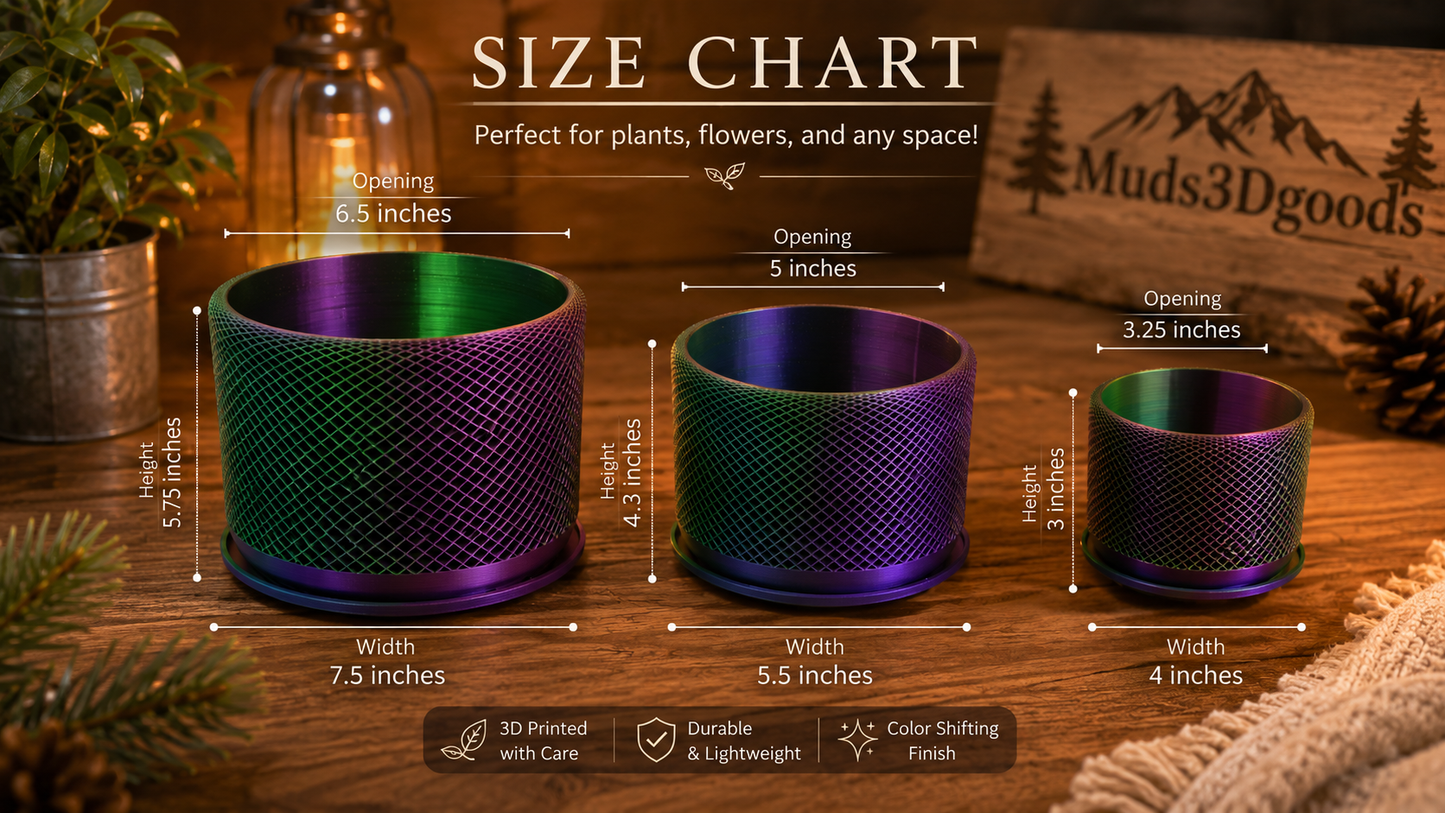 Three decorative containers with measurements on a wooden surface, featuring 'Muds3Dgoods' branding.