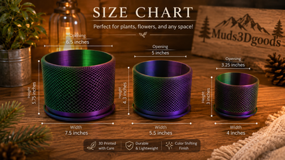 Three decorative containers with measurements on a wooden surface, featuring 'Muds3Dgoods' branding.