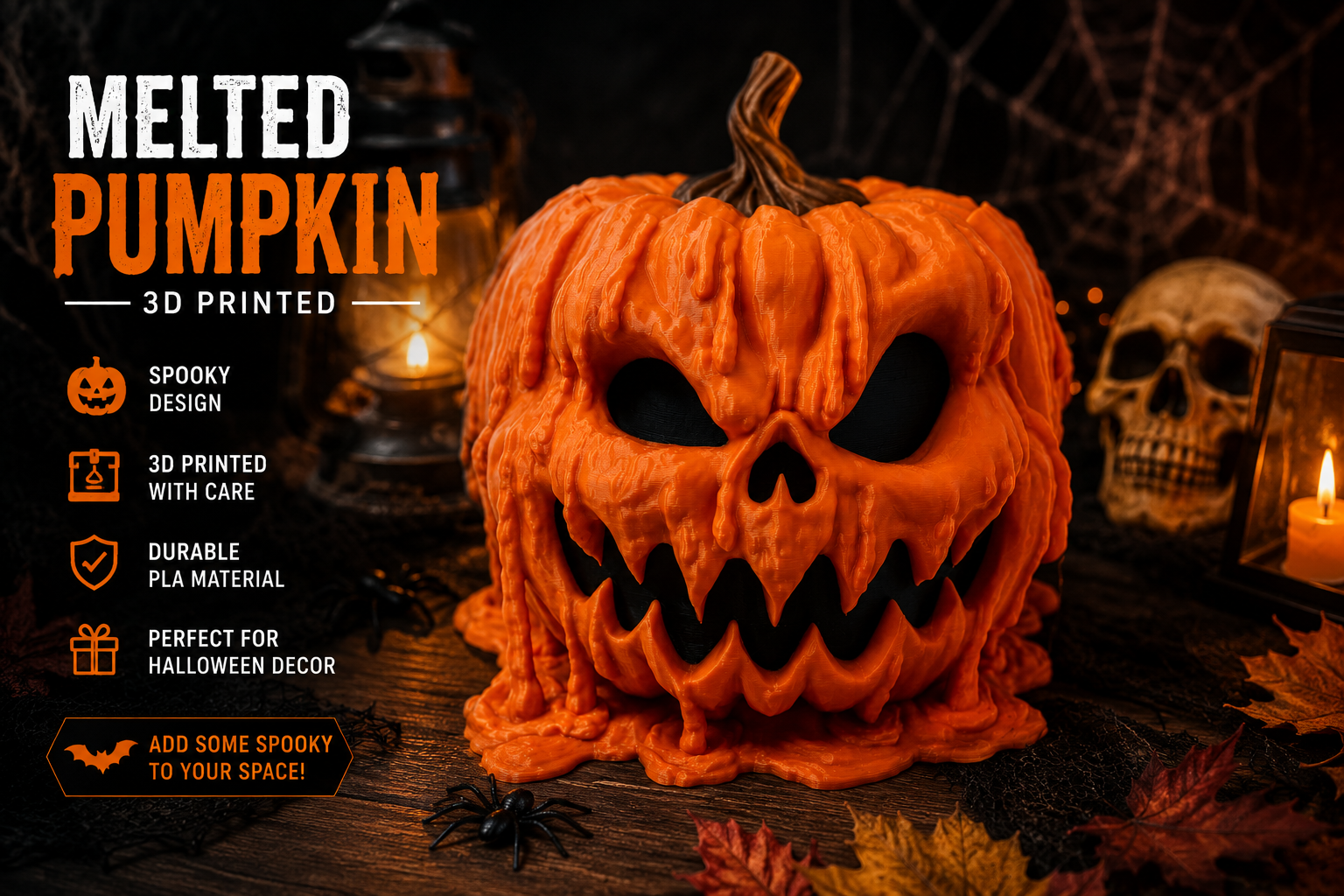 3D-printed pumpkin with a spooky design on a Halloween-themed background
