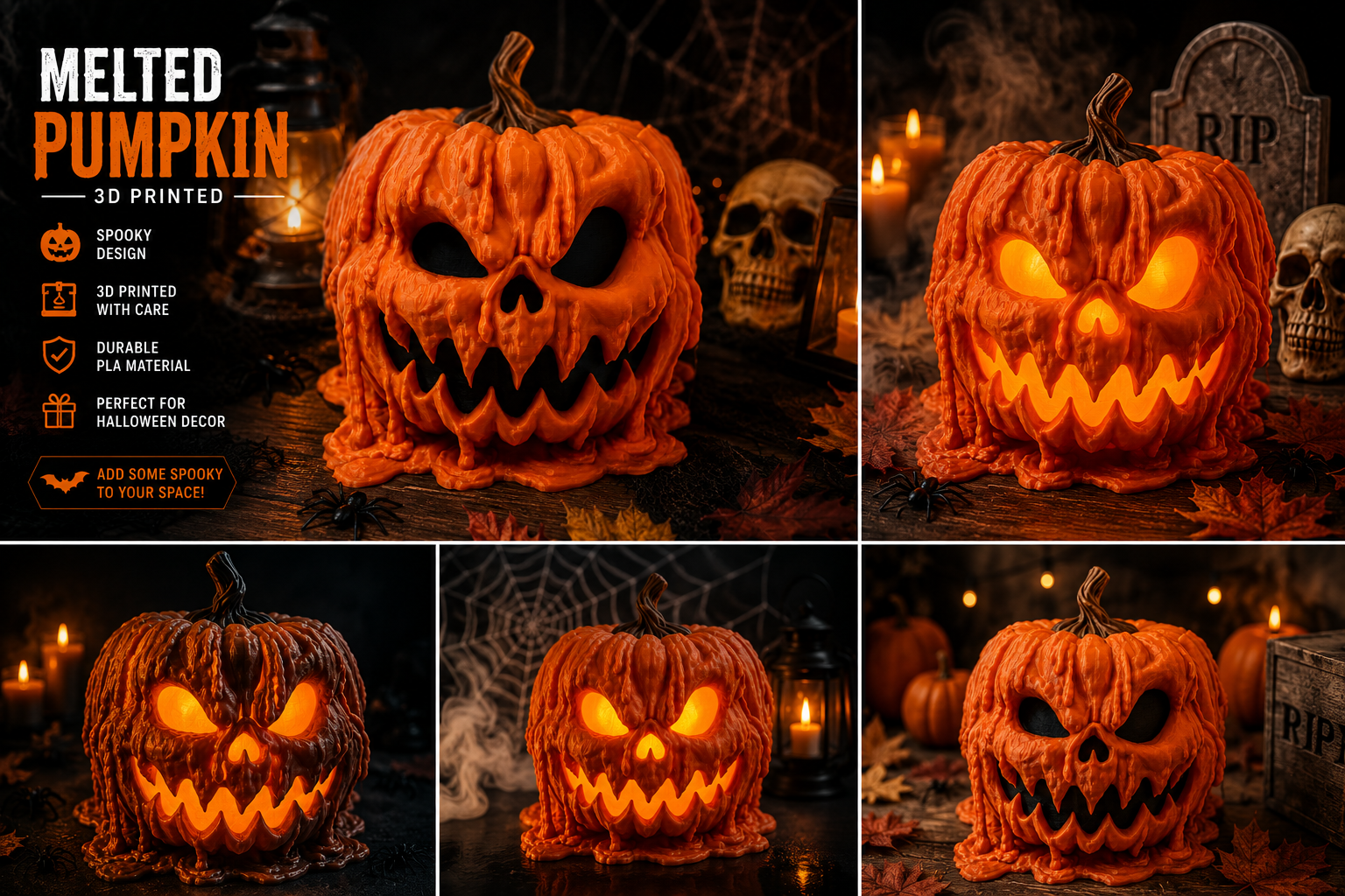 3D-printed melted pumpkin with glowing eyes in a Halloween-themed setting.
