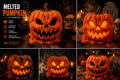 3D-printed melted pumpkin with glowing eyes in a Halloween-themed setting.
