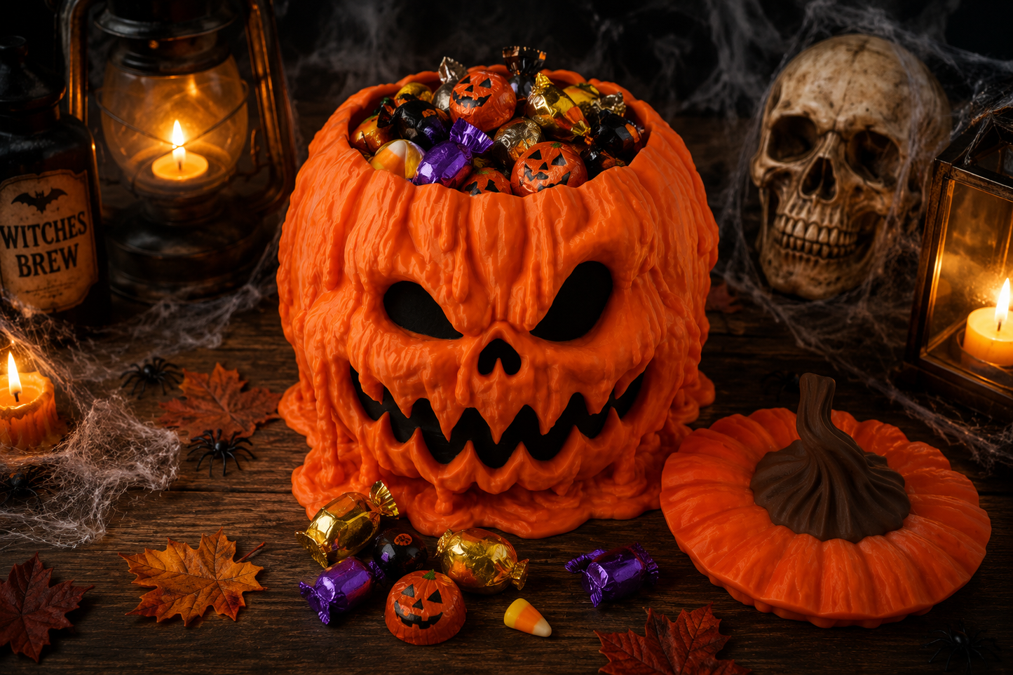 Halloween-themed pumpkin with candy on a dark background with candles and a skull.