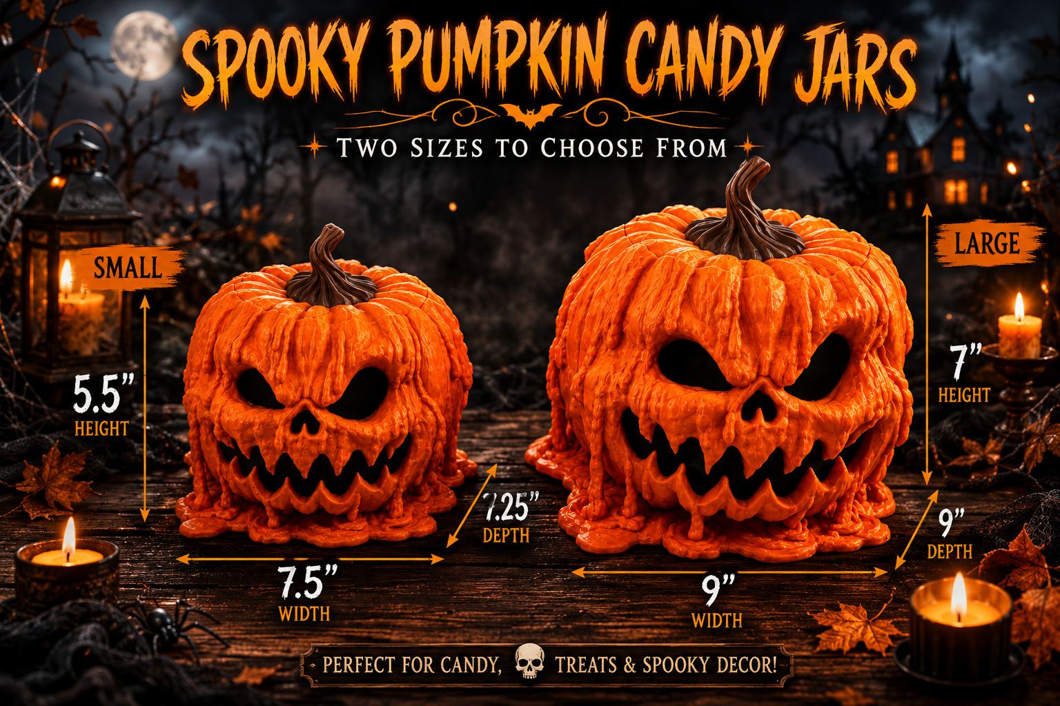 Halloween-themed candy jars with measurements and text on a dark background.