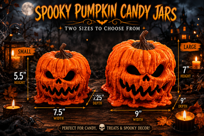 Halloween-themed candy jars with measurements and text on a dark background.