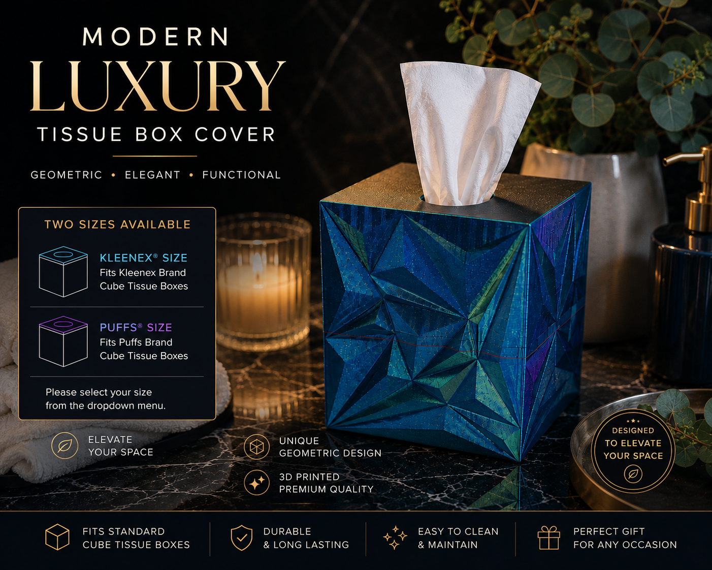 Modern luxury tissue box cover with geometric design on a dark surface.