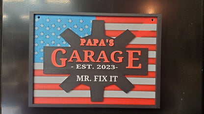 Papa's Garage Sign, 3D Printed American Flag, Father's Day Gift