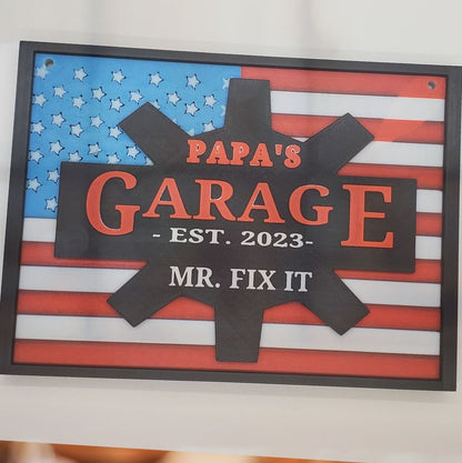 Papa's Garage Sign, 3D Printed American Flag, Father's Day Gift