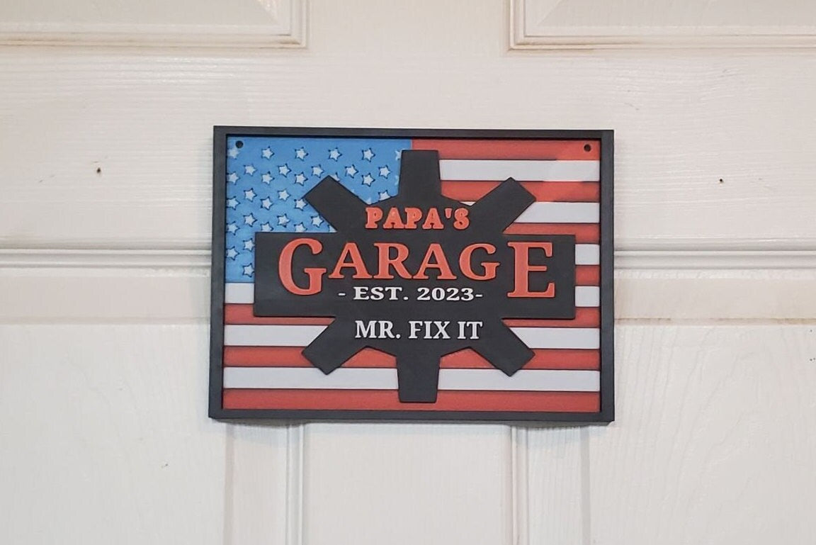 Papa's Garage Sign, 3D Printed American Flag, Father's Day Gift
