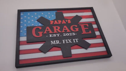 Papa's Garage Sign, 3D Printed American Flag, Father's Day Gift